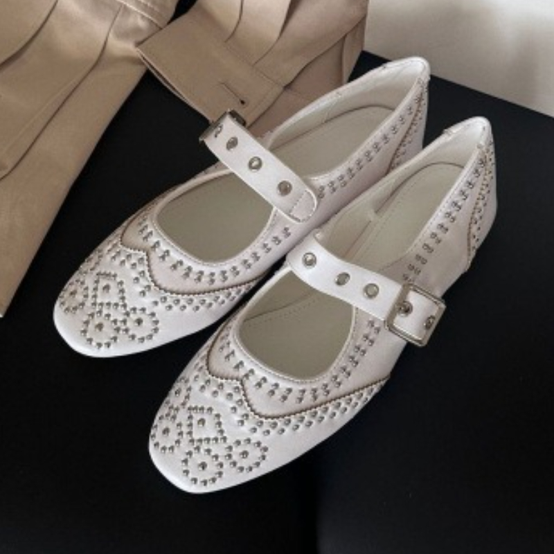 Women'S Shoes Round Toe - Retro Rivet Buckle Design Flats Women
