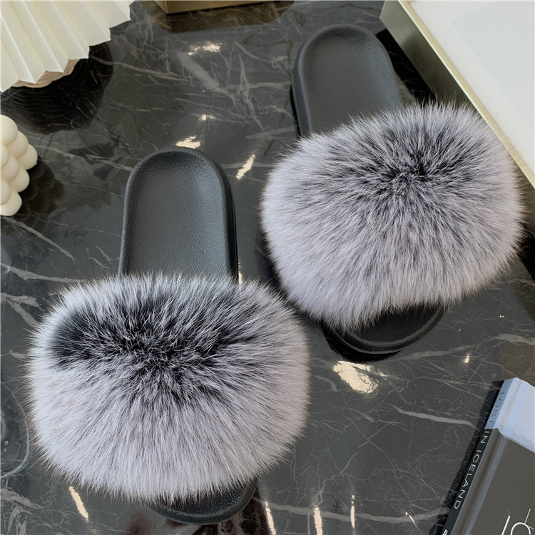 Women'S Shoes Navy Blue - Real Fur Slides Summer Fox Fur