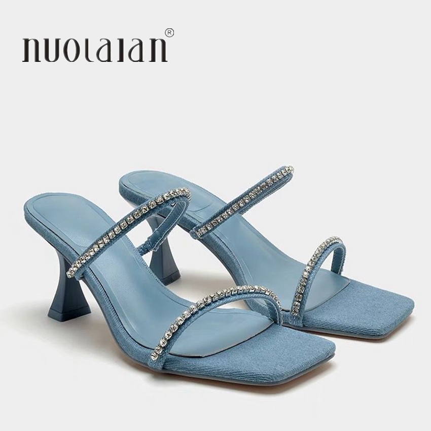 Women Shoes Zara - Denim Rhinestone Heels Sandals Women Mules