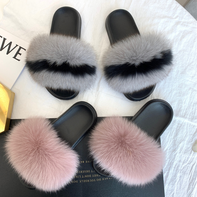 Real Fur Slides Summer Fox Fur - Women'S Shoes Navy Blue recension och pris