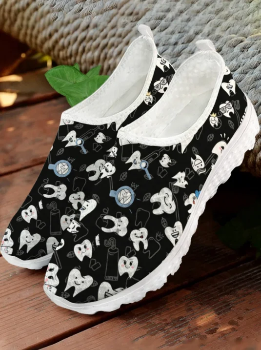 White Cartoon Teeth Print Mesh - Women'S Shoes For Tennis recension och pris