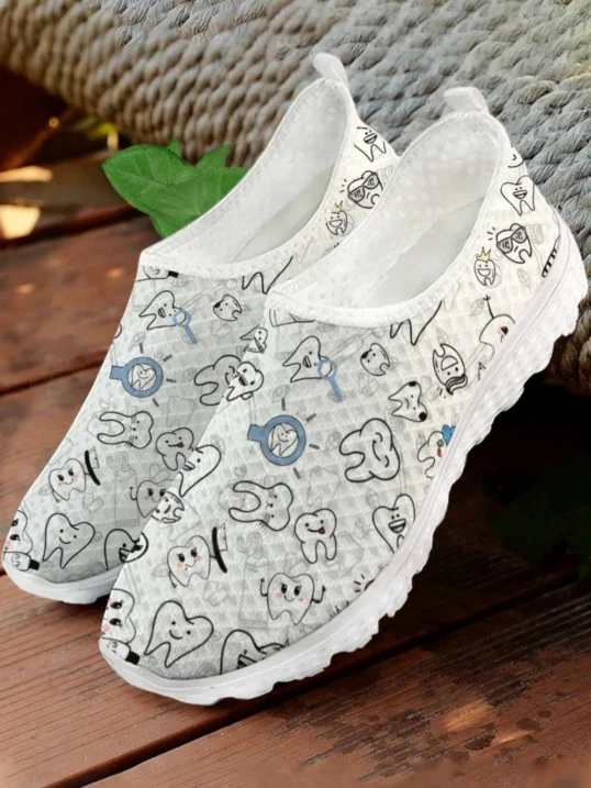 White Cartoon Teeth Print Mesh - Women'S Shoes For Tennis recension och pris