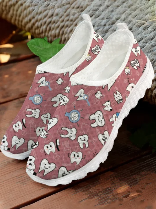 White Cartoon Teeth Print Mesh - Women'S Shoes For Tennis recension och pris